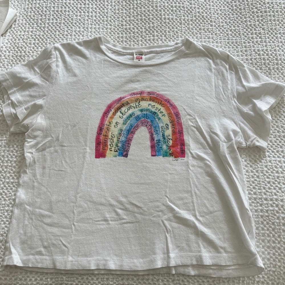Redone Haynes Heritage Cotton 1950s Boxy Tee with Stay Safe Rainbow
